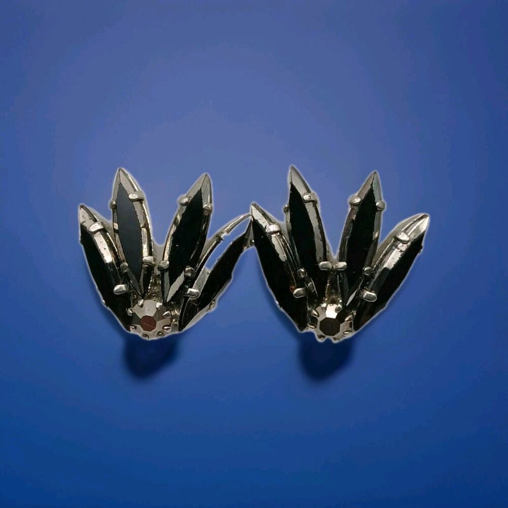 VTG West Germany Mid-century Black Navette Marquis Cluster Flame Clip Earrings